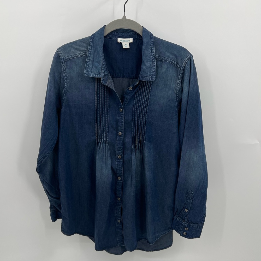 Sundance chambray pleated button down shirt
